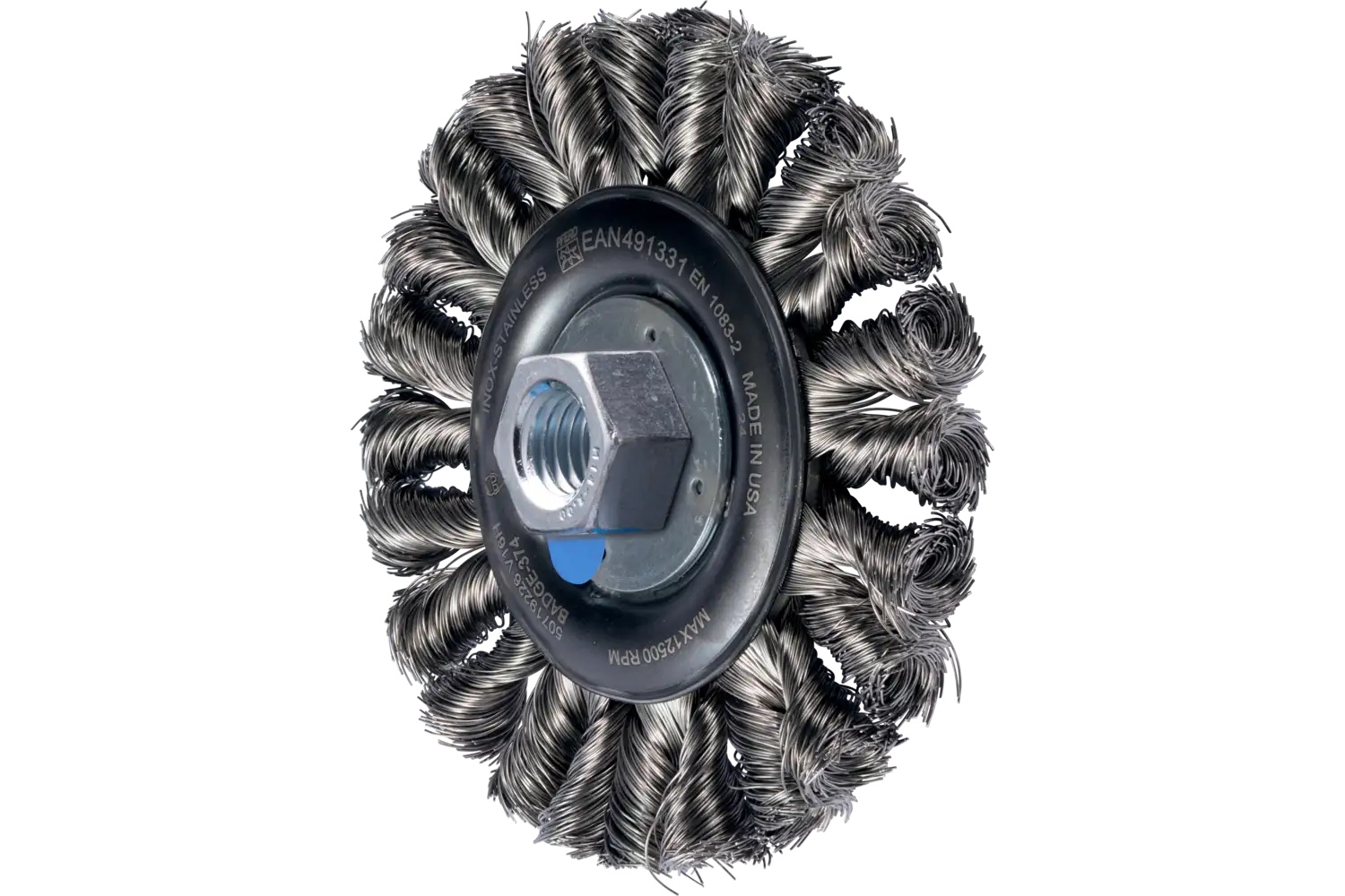 Show details for Pferd Full Cable Knot Wheel Brush Combitwist Hd 4-1/2" Dia. .014" Ss 5/8-11 Arbor Picture of Pferd Full Cable Knot Wheel Brush Combitwist Hd 4-1/2" Dia. .014" Ss 5/8-11 Arbor